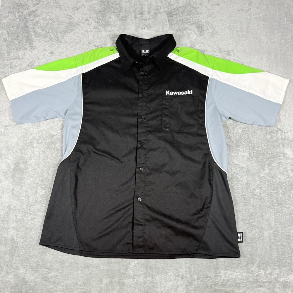 Kawasaki Mens XL Button Up Shirt Black Green Racing Mechanic Colorblock Logo